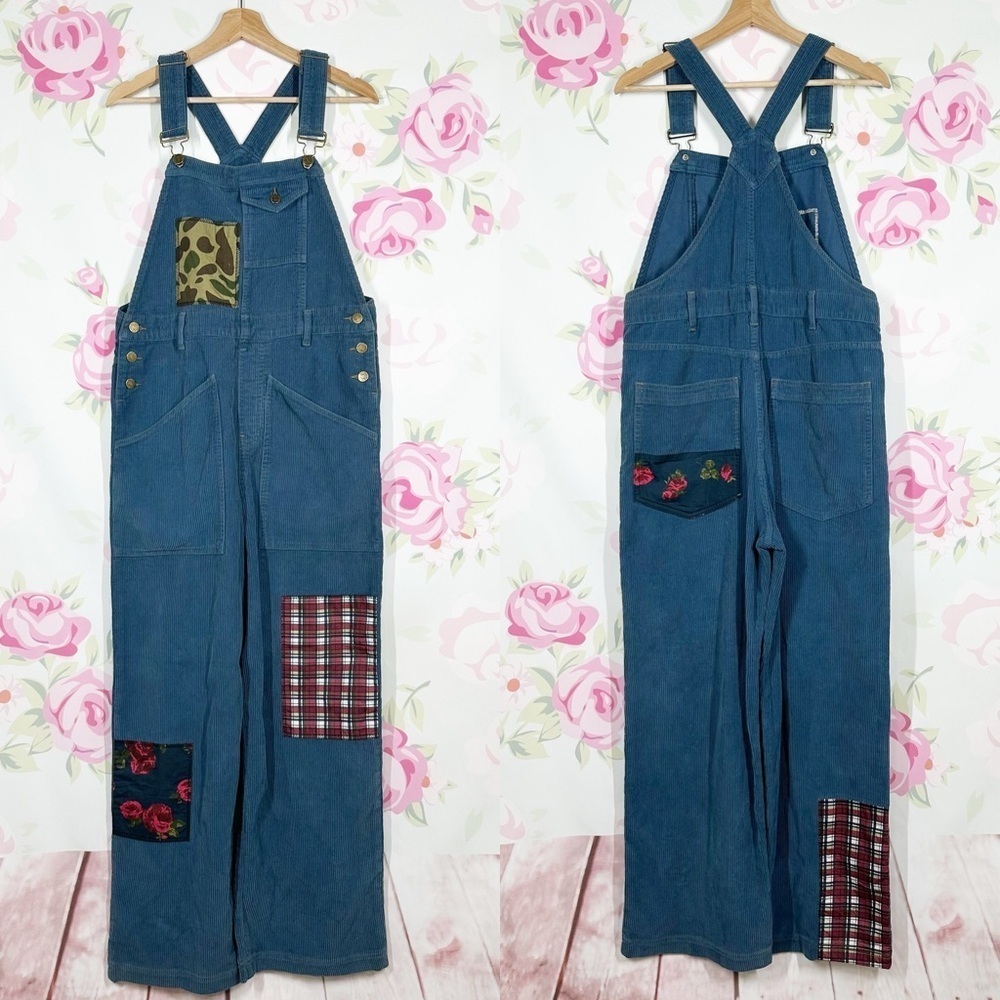 NEW Urban Outfitters Paola Corduroy Patchwork Floral Plaid Accents Overalls M